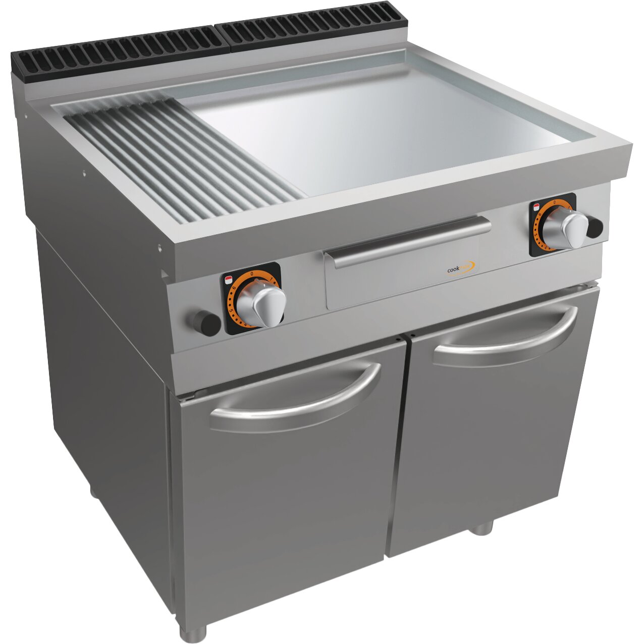 Gas-Grillplatte, glatt + gerillt, verchromt, mit Unterbau mit Türen