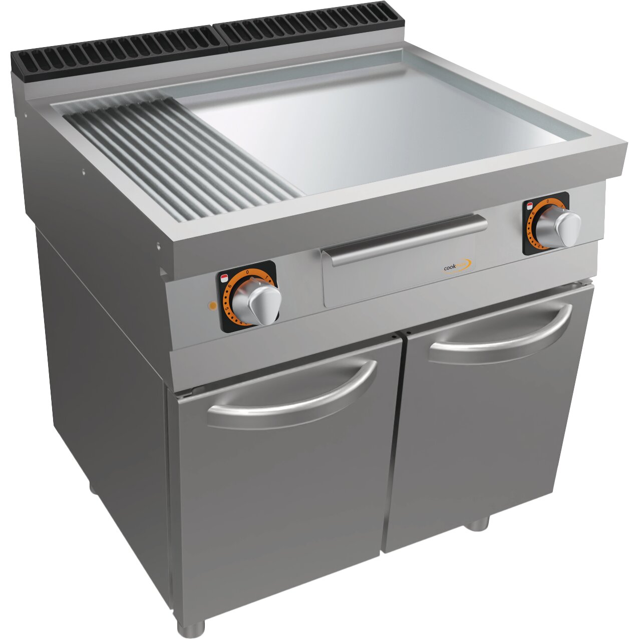 Elektro-Grillplatte, 1/3 gerillt + 2/3 glatt, verchromt, mit Unterbau mit Türen